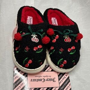 Juicy Couture Black Slippers with Cherry Embroidery, Pom Poms, Charm